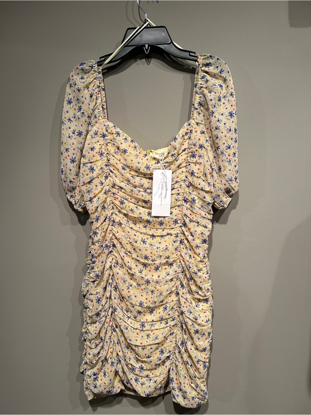 Lush Yellow Floral Ruched Puff-Sleeve Mini Dress